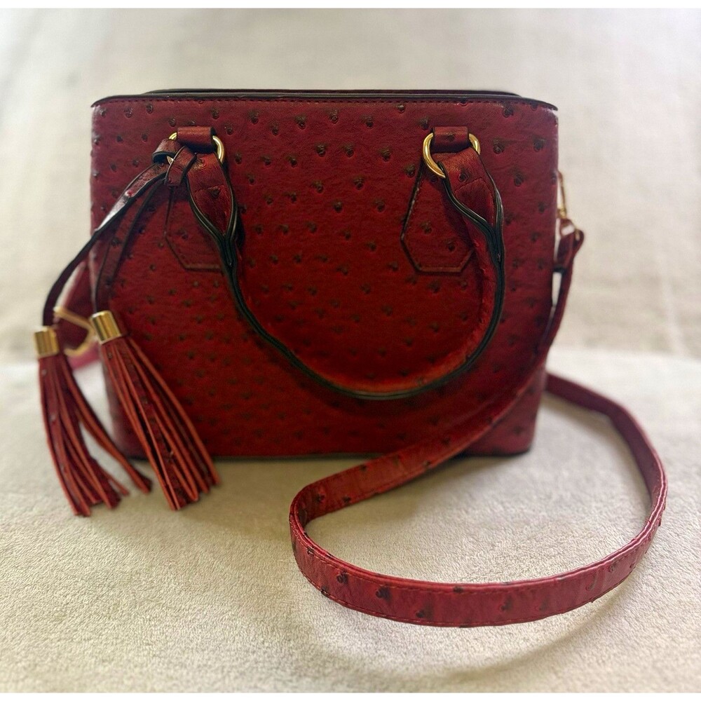 Burnt Red Faux Ostrich Satchel Purse Tassel Crossbody Shoulder Bag